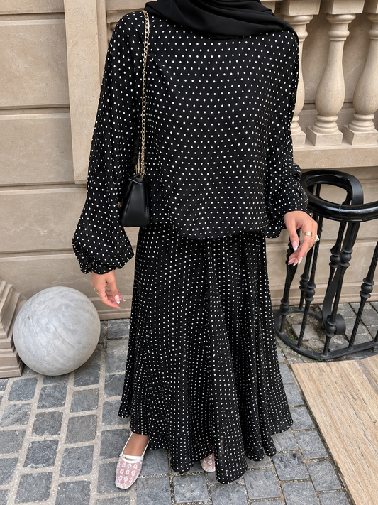Polka Dot Bow Blouse + Loose Pleated Skirt 2-Piece Set Black