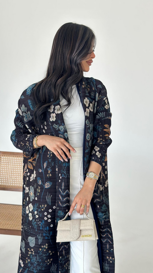 Black Floral — Pleated Open Kaftan