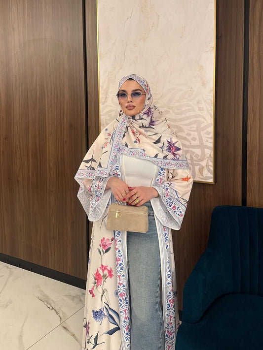 Summer Bloom Abaya Set — Floral Print Open-Front Abaya with Matching Hijab