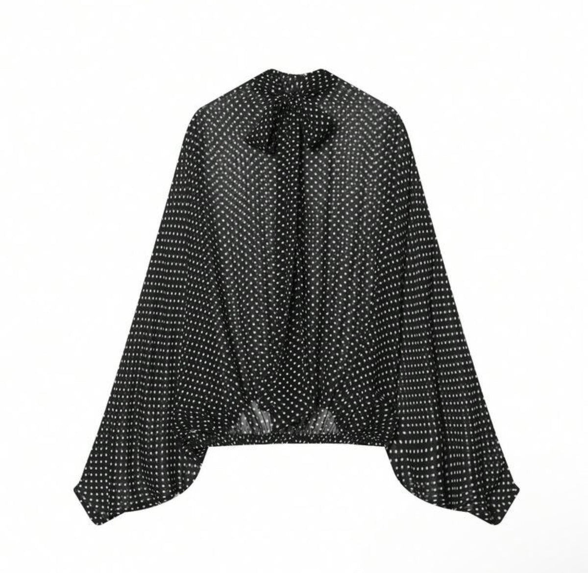 Polka Dot Bow Blouse + Loose Pleated Skirt 2-Piece Set Black