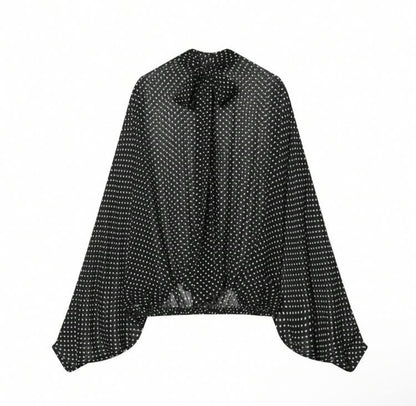 Polka Dot Bow Blouse + Loose Pleated Skirt 2-Piece Set Black