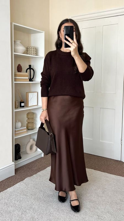 Satin Silk Midi Skirt / Brown