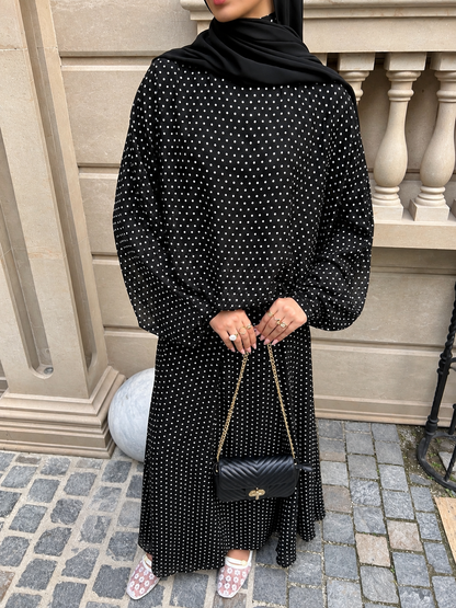 Polka Dot Bow Blouse + Loose Pleated Skirt 2-Piece Set Black