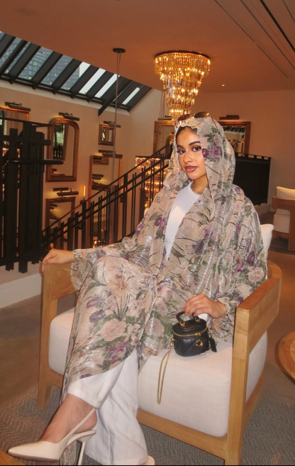 Midnight Abaya Set — Floral Print Open-Front Abaya with Matching Hijab