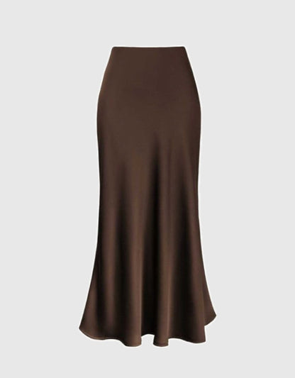Satin Silk Midi Skirt / Brown