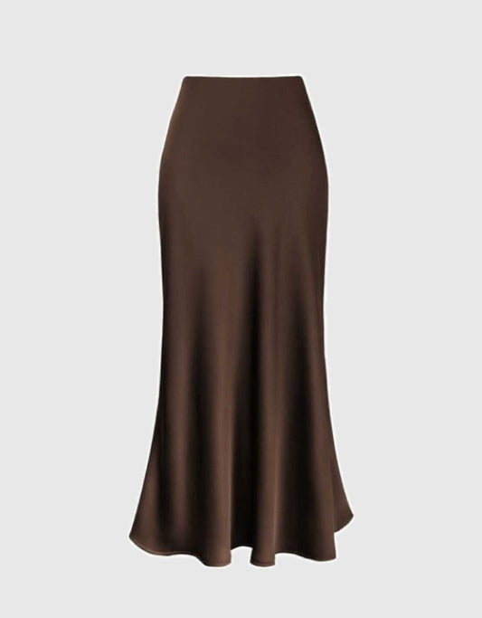 Satin Silk Midi Skirt / Brown