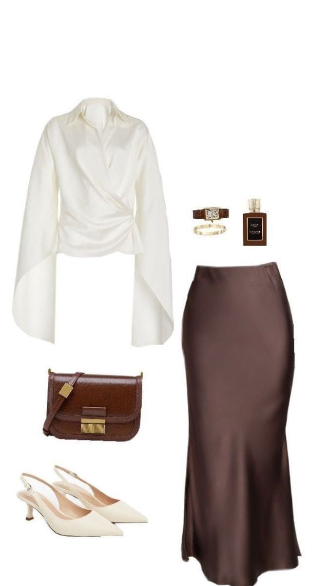 Satin Silk Midi Skirt / Brown