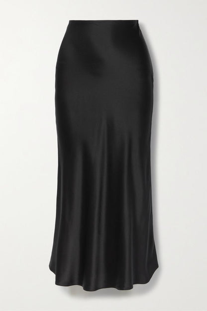 Satin Silk Midi Skirt / Black