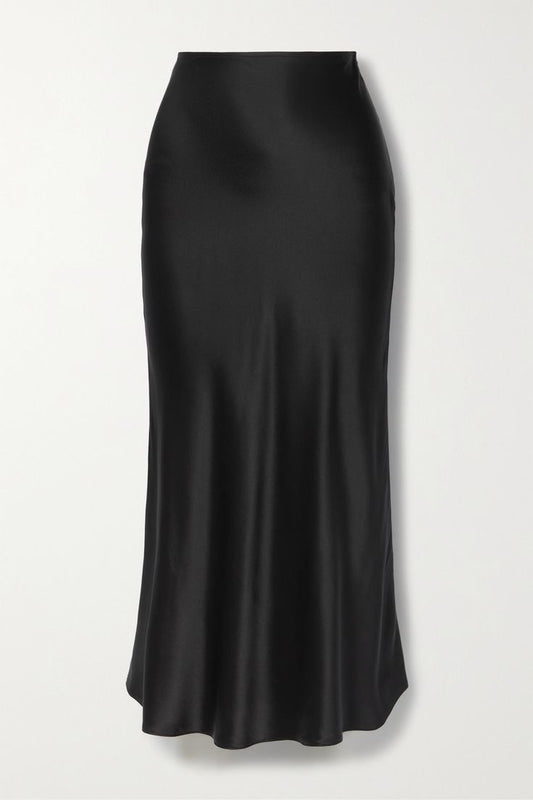 Satin Silk Midi Skirt / Black