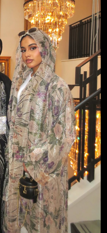 Midnight Abaya Set — Floral Print Open-Front Abaya with Matching Hijab