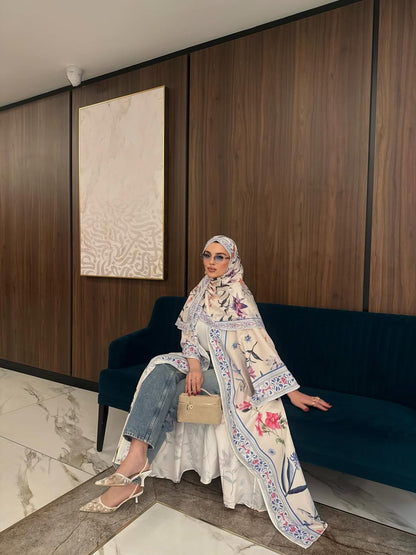 Summer Bloom Abaya Set — Floral Print Open-Front Abaya with Matching Hijab