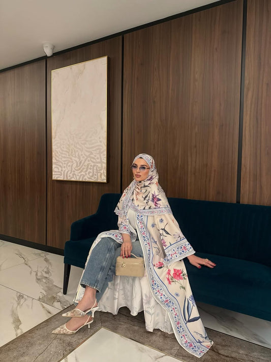 Summer Bloom Abaya Set — Floral Print Open-Front Abaya with Matching Hijab