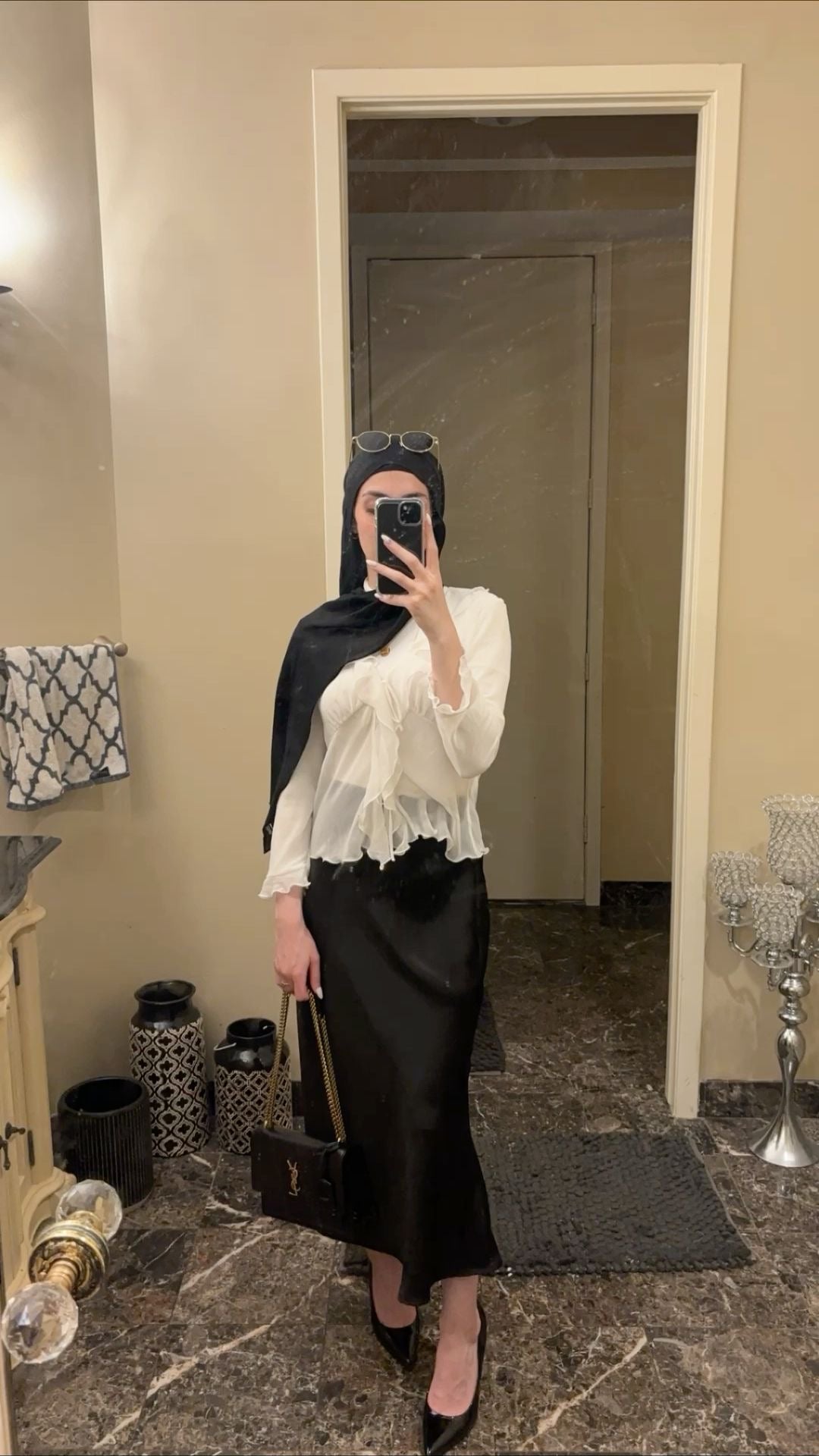 Satin Silk Midi Skirt / Black