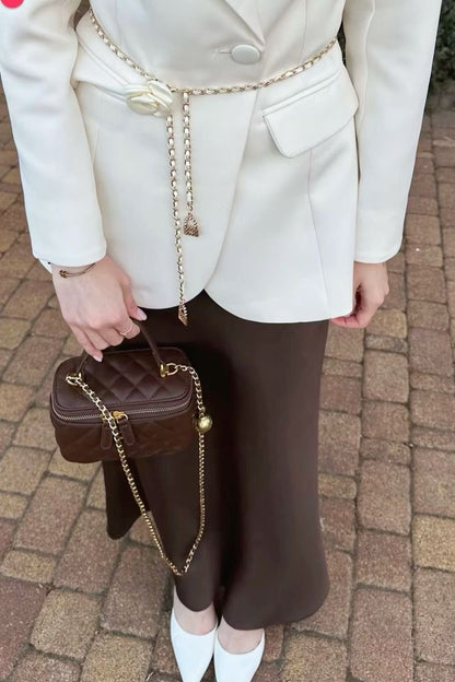 Satin Silk Midi Skirt / Brown