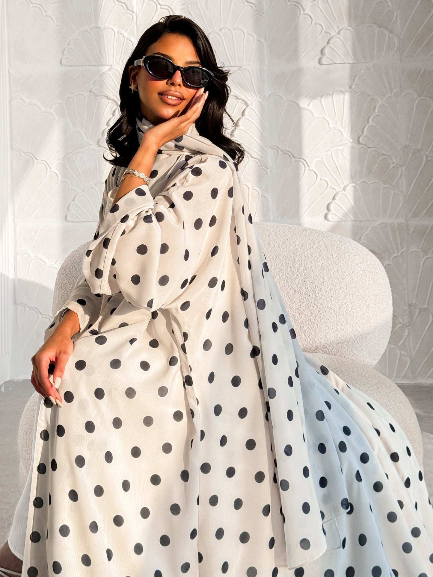 White Polka Dot Abaya Set