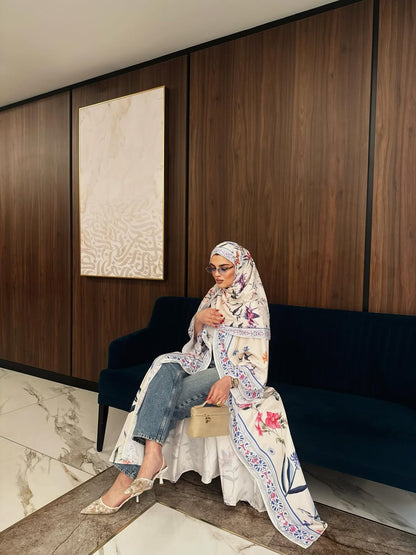 Summer Bloom Abaya Set — Floral Print Open-Front Abaya with Matching Hijab