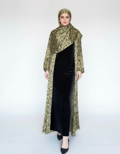 Silk Printed Abaya / Mustard