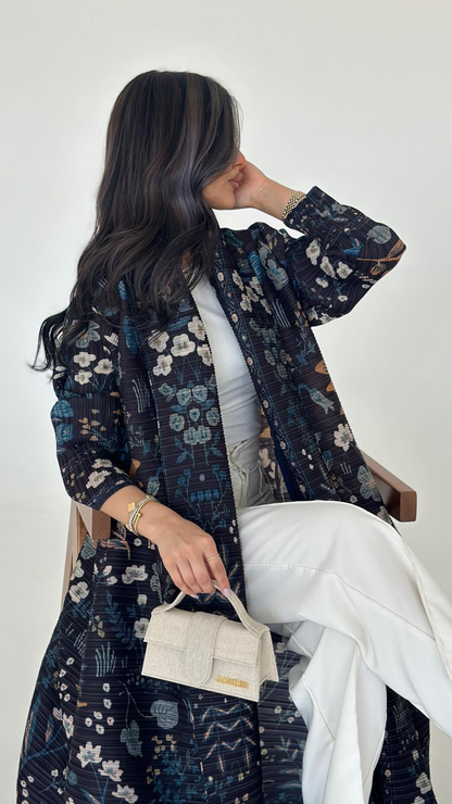 Black Floral — Pleated Open Kaftan