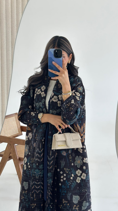 Black Floral — Pleated Open Kaftan